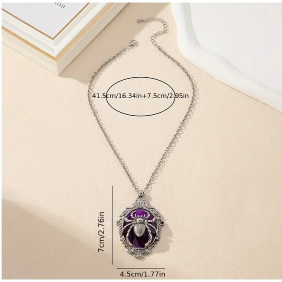 Spider Pendant Necklace Gothic Style Silver Tone & Violet - Picture 3 of 3